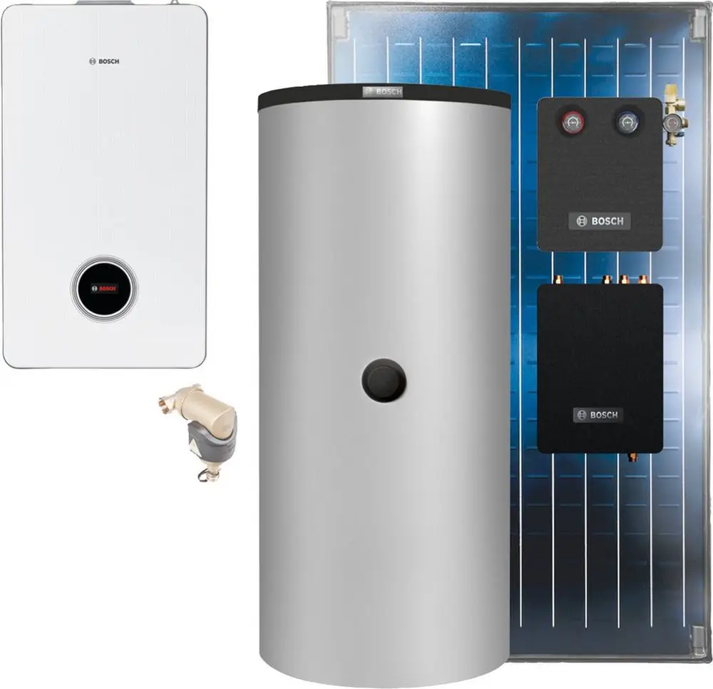 Bosch-Heizsystem bestehend aus einem Kompaktgerät, einem Pufferspeicher und Solarkollektoren, verbunden mit Rohrsystem und Wasseranschlüssen.